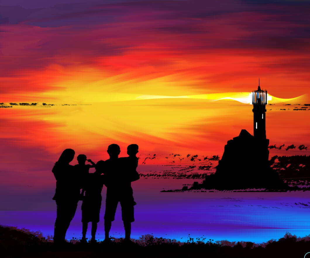 Một người cha và người mẹ cùng con cái nhìn ngắm hoàng hôn với ngọn hải đăng phía sau. Tác phẩm nghệ thuật được tạo ra bởi Christopher Stapleton.