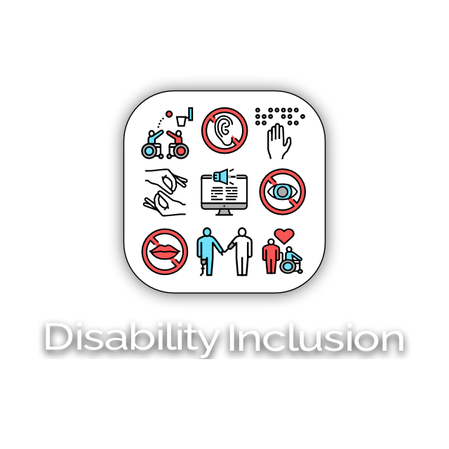 Our Disability Inclusion logo shows a white background with variations of disabilities of red, white, and cyan icons with black strokes with text written Disability Inclusion below it.