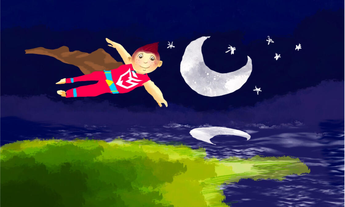 This image displays young Christopher soaring in the air high above with the moon at night.