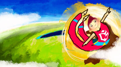 This image displays young Christopher soaring in the air high above with the sun and clouds.